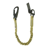 Personal retention lanyard for a helicopter or an extraction mission.  - Equipped with MIL-SPEC 5625 tubular webbing.  - A Kong Frog quick release snap shackle with a non-reflective black oxide finish on one end and a 5,000 lb. rated dual locking snap hook on the other.  - 1" wide internal elastic bungee keeps the fully extended length down to approximately 30% and makes it useful for any retention purposes in any industry.