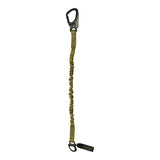 Personal retention lanyard for a helicopter or an extraction mission.  - Equipped with MIL-SPEC 5625 tubular webbing.  - A Kong Frog quick release snap shackle with a non-reflective black oxide finish on one end and a 5,000 lb. rated dual locking snap hook on the other.  - 1" wide internal elastic bungee keeps the fully extended length down to approximately 30% and makes it useful for any retention purposes in any industry.