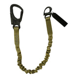 Personal retention lanyard for a helicopter or an extraction mission.  - Equipped with MIL-SPEC 5625 tubular webbing.  - A Kong Frog quick release snap shackle with a non-reflective black oxide finish on one end and a 5,000 lb. rated dual locking snap hook on the other.  - 1" wide internal elastic bungee keeps the fully extended length down to approximately 30% and makes it useful for any retention purposes in any industry.