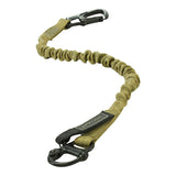 Personal retention lanyard for a helicopter or an extraction mission.  - Equipped with MIL-SPEC 5625 tubular webbing.  - A Kong Frog quick release snap shackle with a non-reflective black oxide finish on one end and a 5,000 lb. rated dual locking snap hook on the other.  - 1" wide internal elastic bungee keeps the fully extended length down to approximately 30% and makes it useful for any retention purposes in any industry.