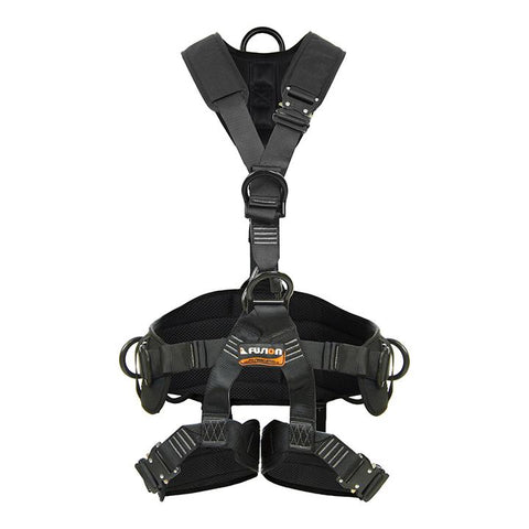 The TAC-Rescue is a heavy-duty rigging full body harness with Presto™ quick release steel waist and inside leg buckles. D-rings on the side/back/front are lightweight ergonomic aluminum. Made of durable 7,000 lb nylon webbing. The Presto ™ quick-release steel buckle allows quick and fine adjustment. Waist and shoulder are padded for maximum comfort and support. Includes one steel delta quick link on center waist and two gear loops in back.