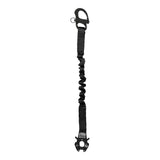 Personal retention lanyard for a helicopter or an extraction mission -Equipped with mil-spec 5625 tubular webbing -A Kong Frog quick release snap shackle with a non-reflective black oxide finish on one end and a plunger pin hasp shackle - 1" wide Internal Elastic Bungee keeps the fully extended length down to approximately 30% and makes it useful for any retention purposes in any industry