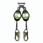 Self-Retracting Lifeline  Dual units are also available with lightweight aluminum rebar hooks Attachment points include a swivel eye on housing with connection pin for mounting below the dorsal D-ring Hi-Viz green Dyneema® webbing lifeline has been sharp-edge tested over a  .005 in radius sharp edge