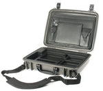 This unique watertight, airtight, dustproof, crush resistant computer case holds laptops up to 11 - 5/8 x 14-1/8 x 2" (with a 16.1" screen) and comes with a padded, detachable shoulder strap for easy carrying. 