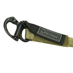 Personal retention lanyard for a helicopter or an extraction mission.  - Equipped with MIL-SPEC 5625 tubular webbing.  - A Kong Frog quick release snap shackle with a non-reflective black oxide finish on one end and a 5,000 lb. rated dual locking snap hook on the other.  - 1" wide internal elastic bungee keeps the fully extended length down to approximately 30% and makes it useful for any retention purposes in any industry.