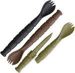 Food and water approved Greamid construction. The Tactical Spork is equipped with a fork/spoon combo and has a 2.5” plastic serrated blade in the handle. The blade is accessed by pulling the spork apart from the extreme ends.