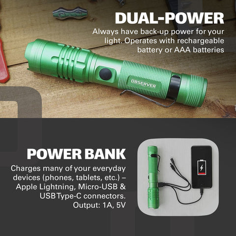 Observer Tools 1000 Lumen LED Rechargeable Flashlight with Power Bank
