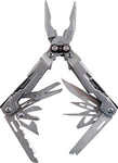 Tools include: Needlenose pliers l Wire cutter l Scissors l Ruler l Bottle opener l Phillips screwdriver l Serrated blade l Can opener l File l Metric ruler l Large blade l Wire crimper l Awl l Magnetic bit holder l Hook cutter l Protractor l Bolt gripper l Jewelry driver. 