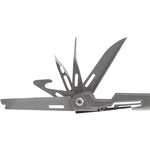 Tools include: Needlenose pliers l Wire cutter l Scissors l Ruler l Bottle opener l Phillips screwdriver l Serrated blade l Can opener l File l Metric ruler l Large blade l Wire crimper l Awl l Magnetic bit holder l Hook cutter l Protractor l Bolt gripper l Jewelry driver. 