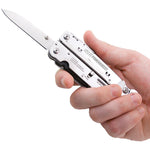 Features one-handed flip opening and gear driven compound leverage for double the plier power.