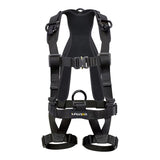 The H-style harness is a heavy duty full body harness featuring Raptor™ quick release aluminum buckles on chest, waist and legs for easy on/off. Aluminum, lightweight D-rings are included on the side, back and front of the harness. Constructed of 7,000 lb rated MIL-SPEC 13 webbing and includes fast-pass steel adjustable buckles for safe and quick adjustments. Features foam padding on shoulders and waist.
