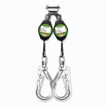 Class A Dual Self Retracting Lifeline  Attachment points include a swivel eye on housing with connection pin for mounting below the dorsal D-ring.  Hi-Viz green Dyneema® webbing lifeline has been sharp-edge tested over a  .005 in radius sharp edge