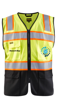 The long awaited Blaklader Hi-Vis mesh vest is here. The quality is unmatched by any vest in the market today. Branded with the Concert Shop logo, the contrast with black fabric allows you to work at your best while keeping the garment clean and visible as long as possible.  