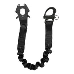 Personal retention lanyard for a helicopter or an extraction mission -Equipped with mil-spec 5625 tubular webbing -A Kong Frog quick release snap shackle with a non-reflective black oxide finish on one end and a plunger pin hasp shackle - 1" wide Internal Elastic Bungee keeps the fully extended length down to approximately 30% and makes it useful for any retention purposes in any industry
